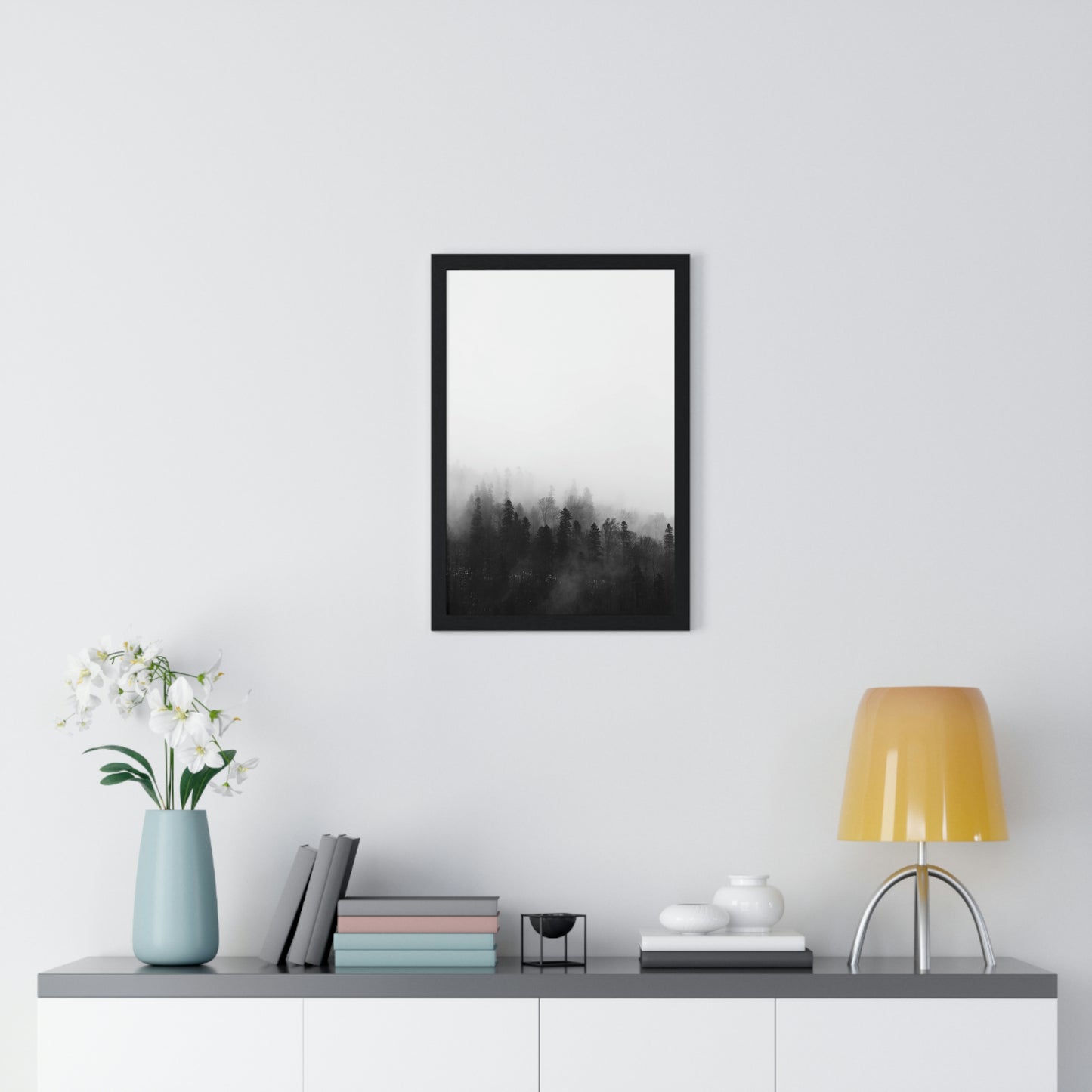 Black and White Forest, Fog, Forest, Tree Lines, Fog, Trees, Nature - Premium Framed Vertical Poster
