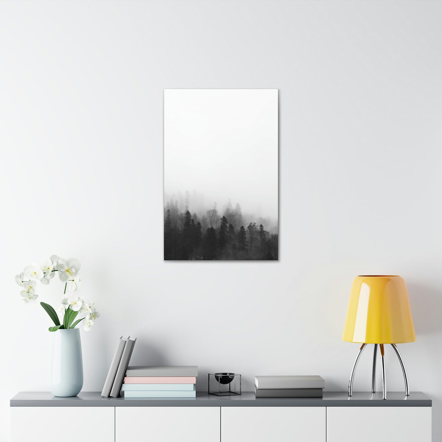 Forest, Black & White, Tree line, Nature, Fog, B and W Tree line Polyester Canvas
