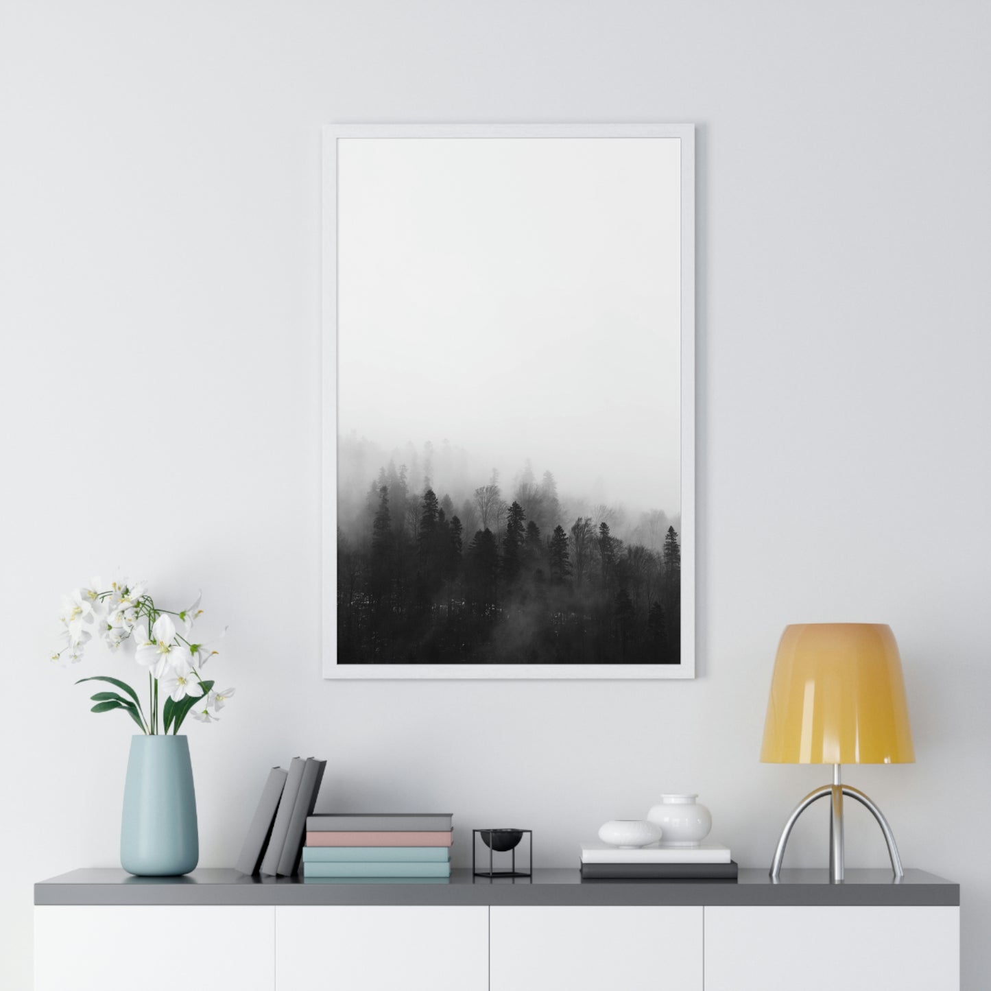 Black and White Forest, Fog, Forest, Tree Lines, Fog, Trees, Nature - Premium Framed Vertical Poster