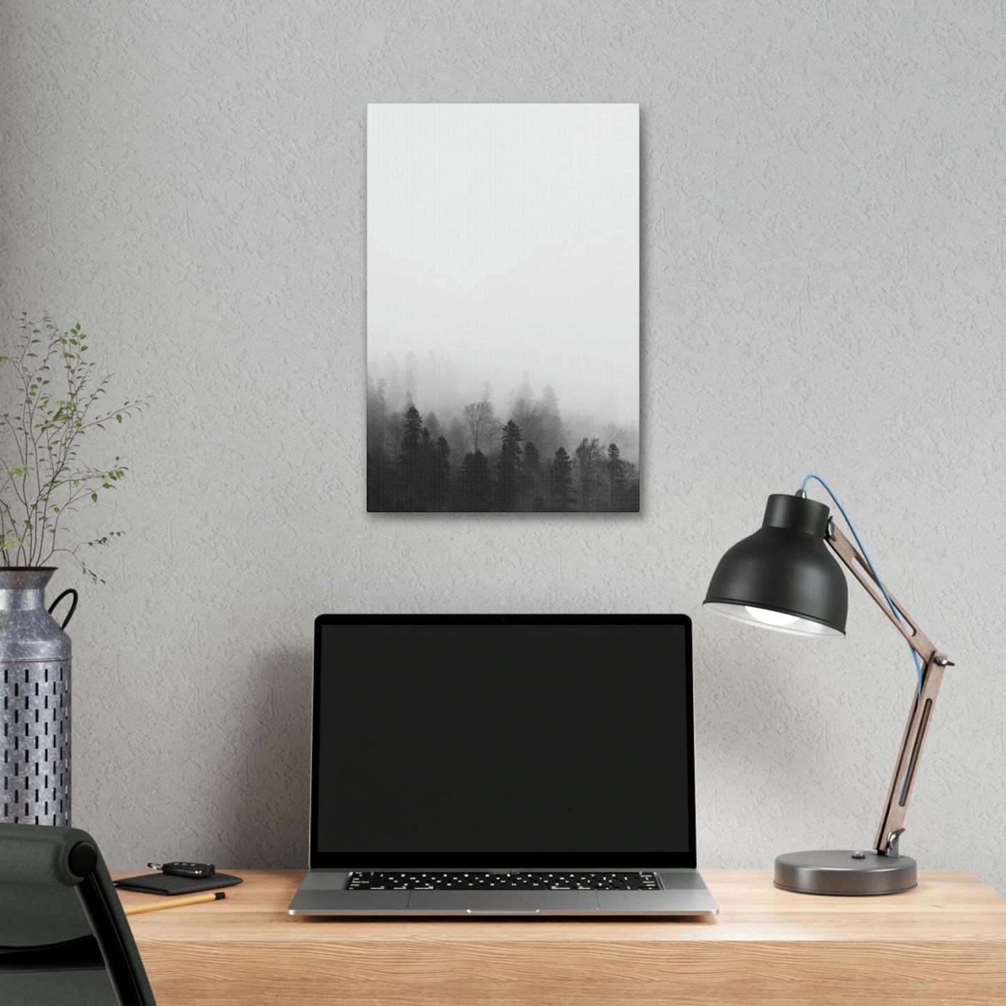Forest, Black & White, Tree line, Nature, Fog, B and W Tree line Polyester Canvas