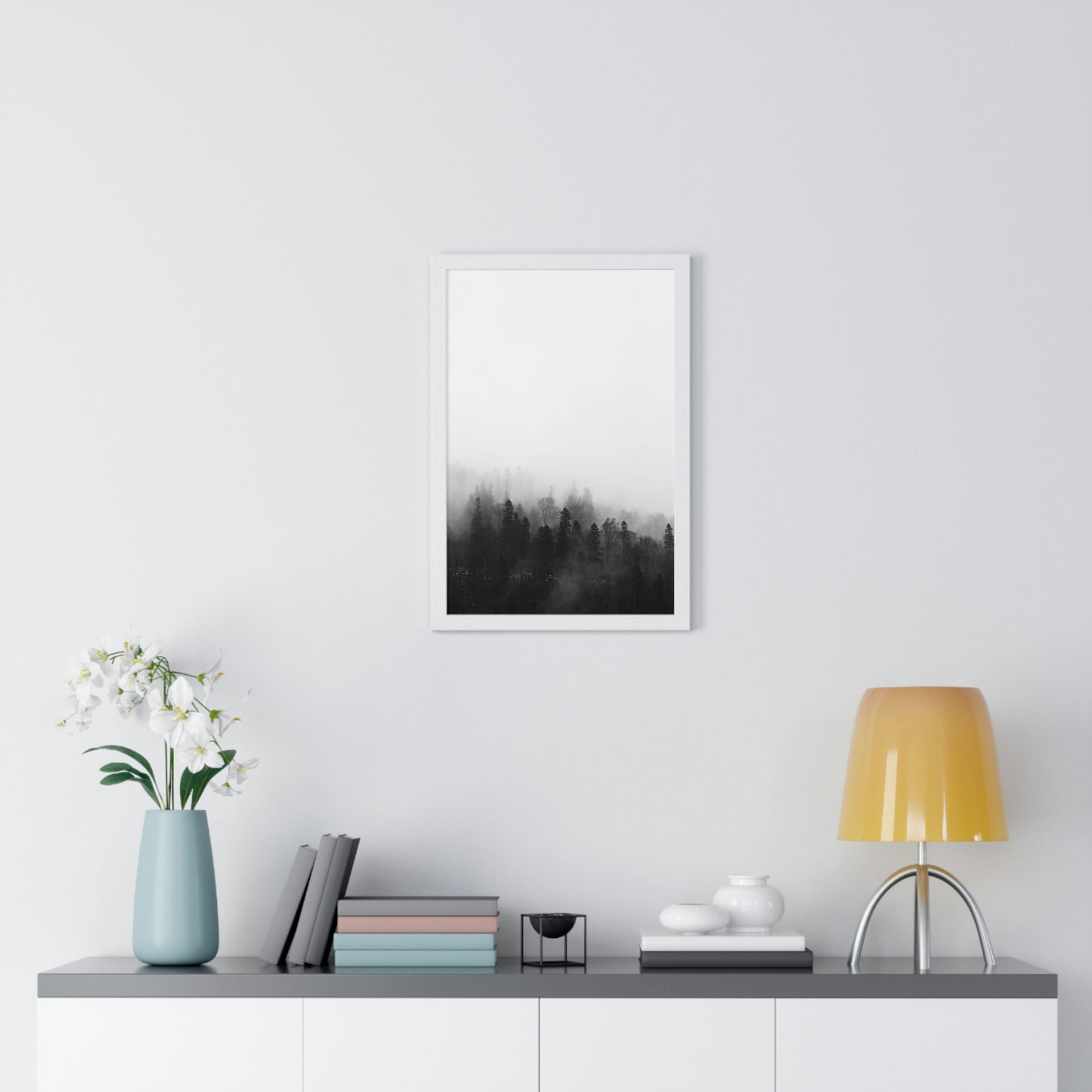 Black and White Forest, Fog, Forest, Tree Lines, Fog, Trees, Nature - Premium Framed Vertical Poster