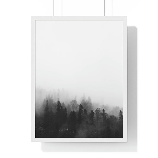 Black and White Forest, Fog, Forest, Tree Lines, Fog, Trees, Nature - Premium Framed Vertical Poster