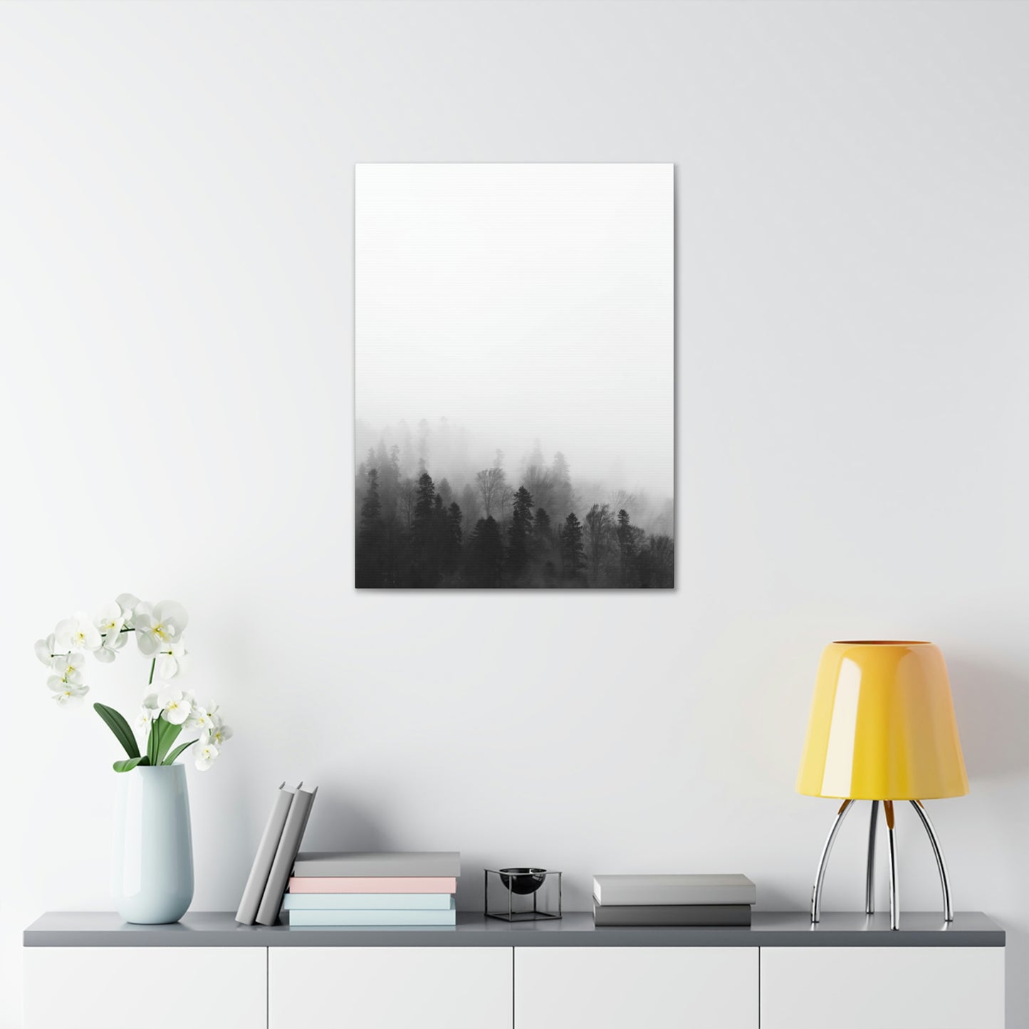 Forest, Black & White, Tree line, Nature, Fog, B and W Tree line Polyester Canvas