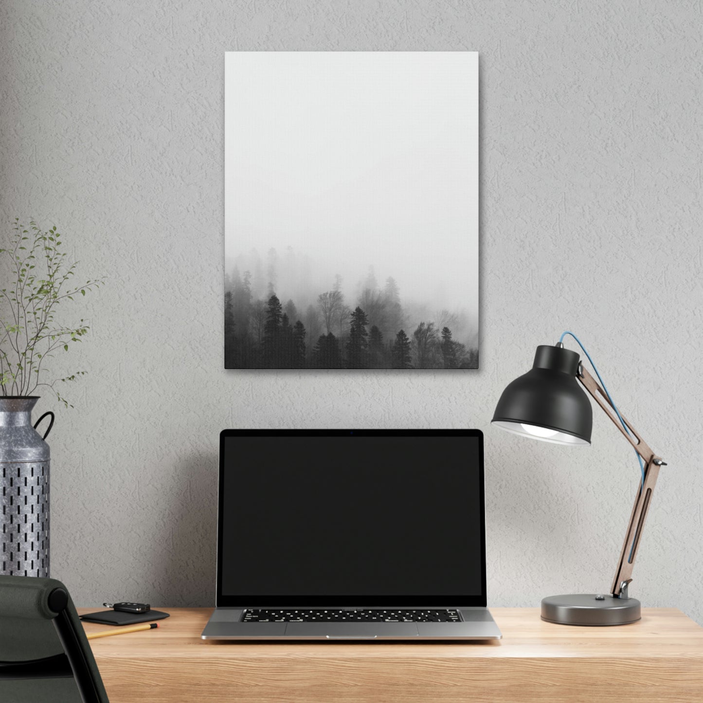 Forest, Black & White, Tree line, Nature, Fog, B and W Tree line Polyester Canvas