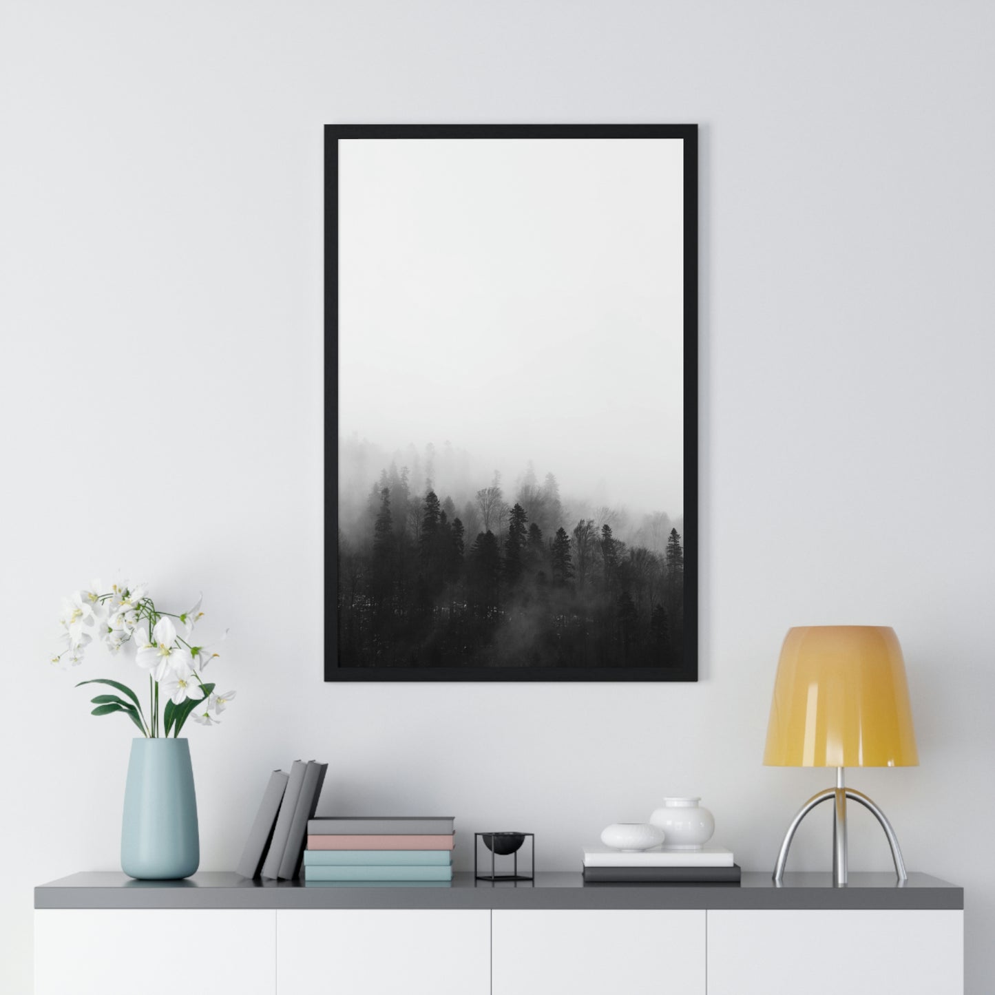 Black and White Forest, Fog, Forest, Tree Lines, Fog, Trees, Nature - Premium Framed Vertical Poster
