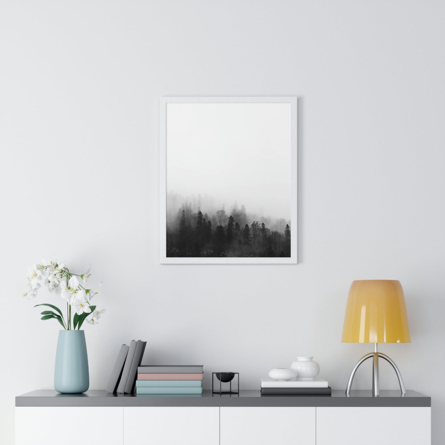 Black and White Forest, Fog, Forest, Tree Lines, Fog, Trees, Nature - Premium Framed Vertical Poster