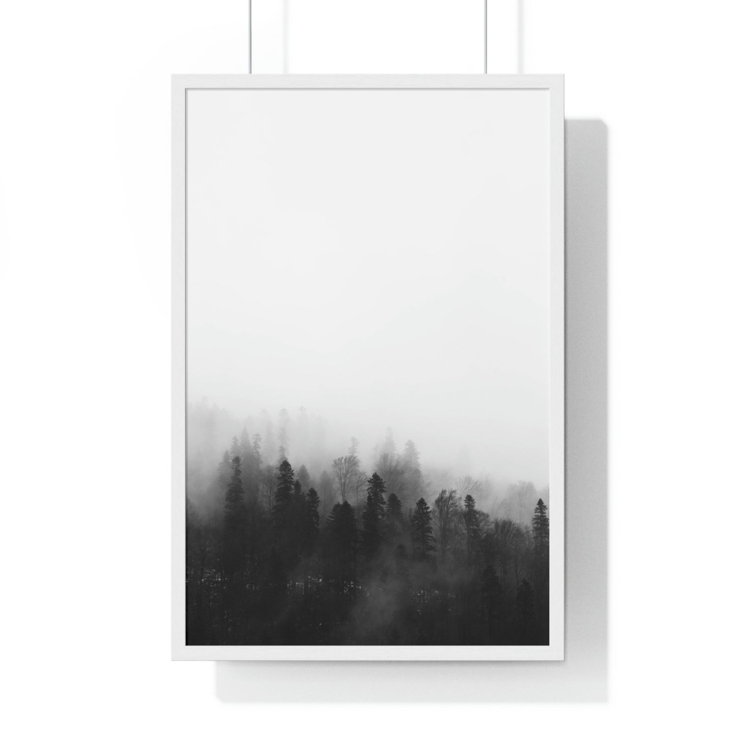 Black and White Forest, Fog, Forest, Tree Lines, Fog, Trees, Nature - Premium Framed Vertical Poster