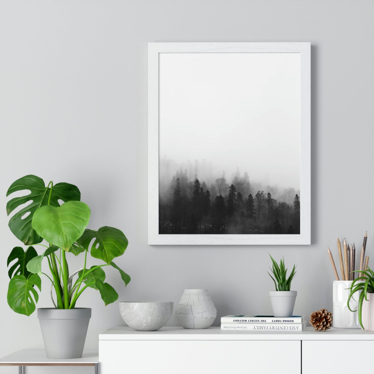 Black and White Forest, Fog, Forest, Tree Lines, Fog, Trees, Nature - Premium Framed Vertical Poster