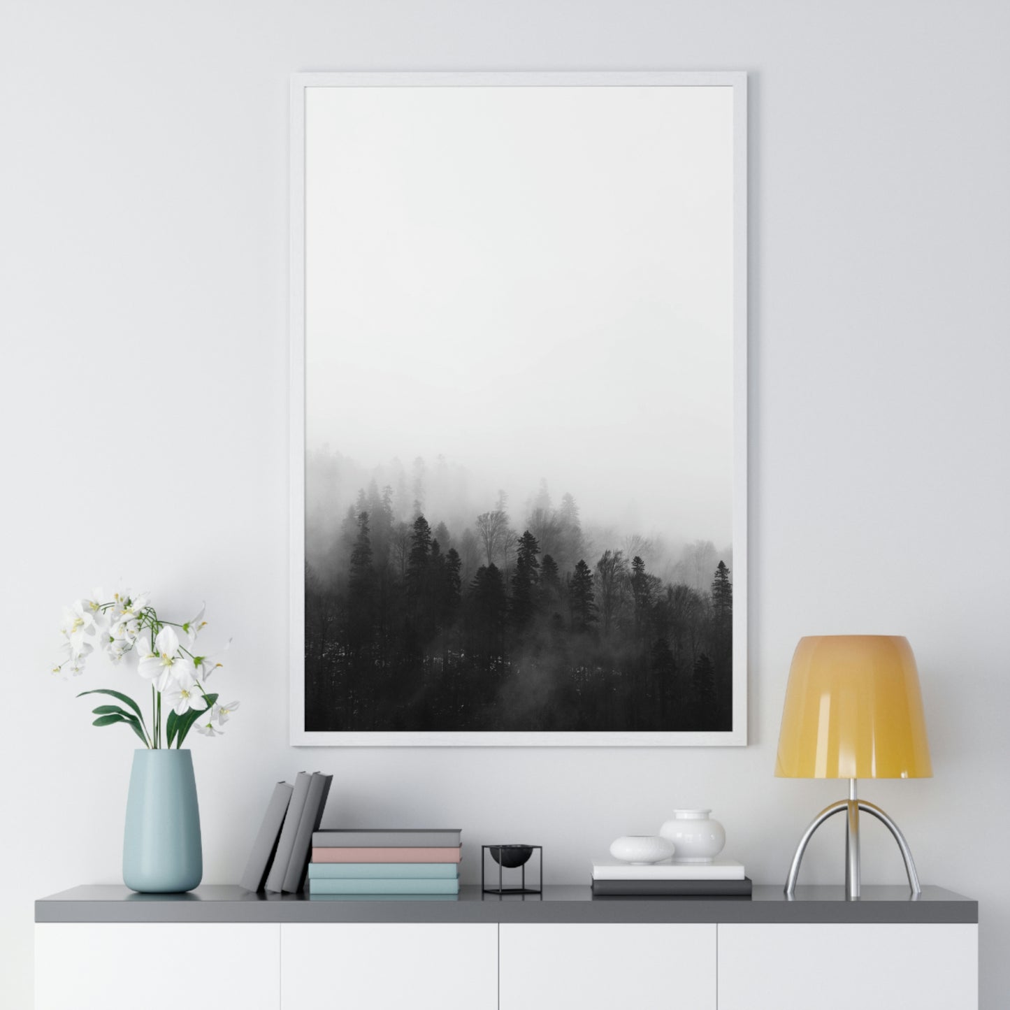 Black and White Forest, Fog, Forest, Tree Lines, Fog, Trees, Nature - Premium Framed Vertical Poster