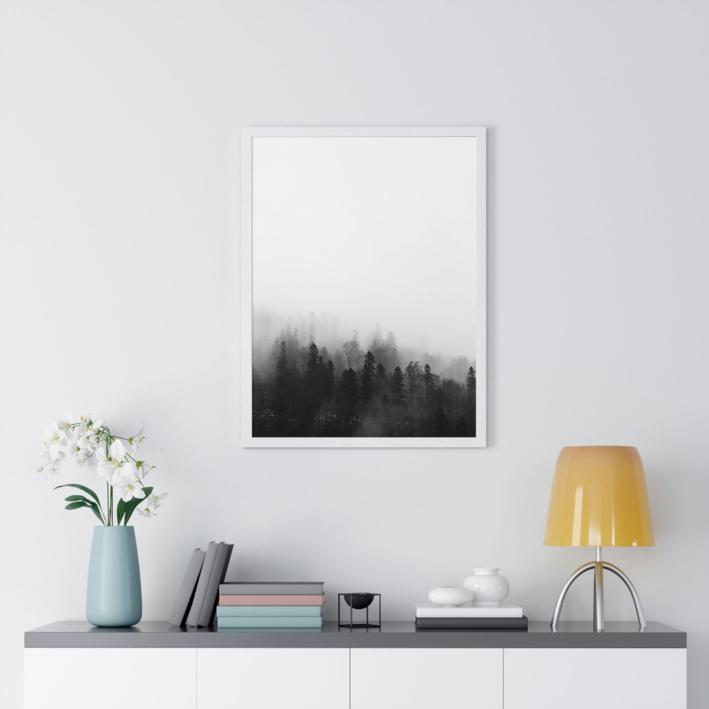Black and White Forest, Fog, Forest, Tree Lines, Fog, Trees, Nature - Premium Framed Vertical Poster