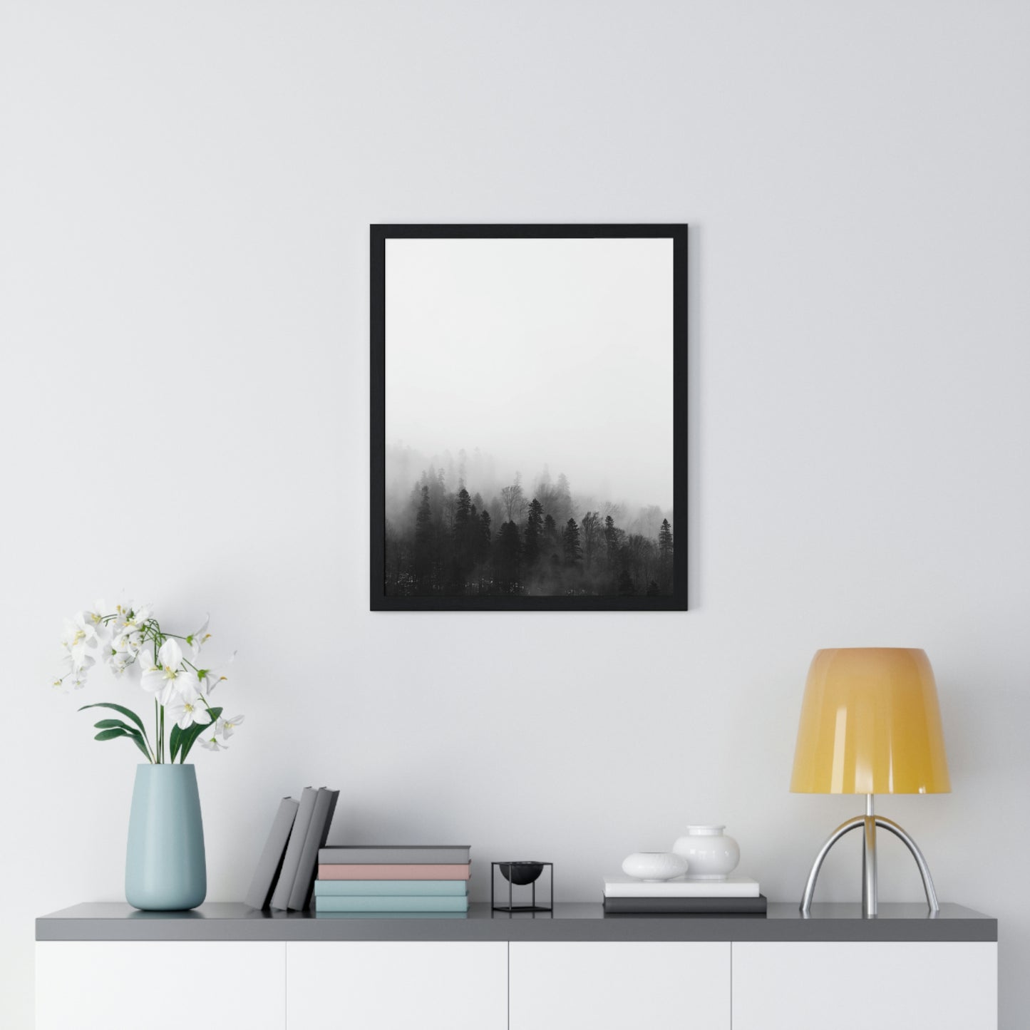 Black and White Forest, Fog, Forest, Tree Lines, Fog, Trees, Nature - Premium Framed Vertical Poster