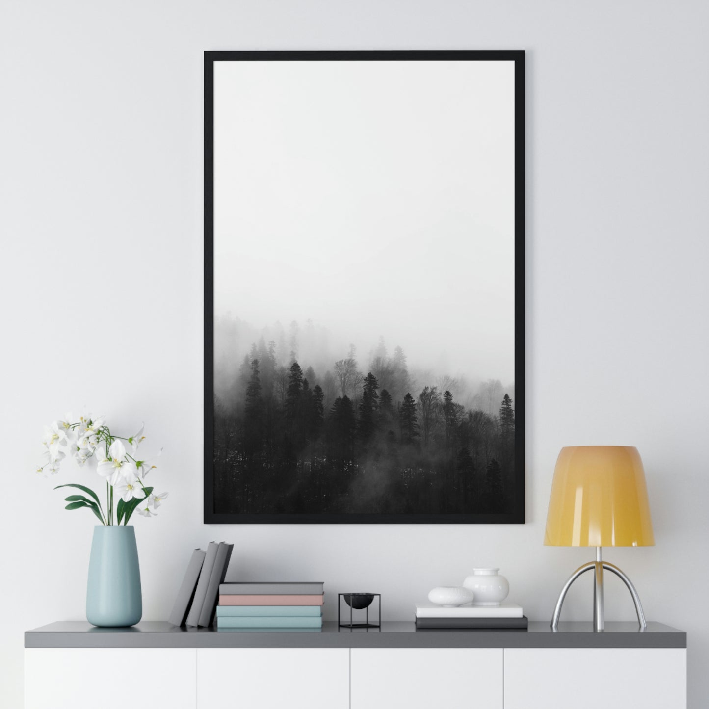 Black and White Forest, Fog, Forest, Tree Lines, Fog, Trees, Nature - Premium Framed Vertical Poster
