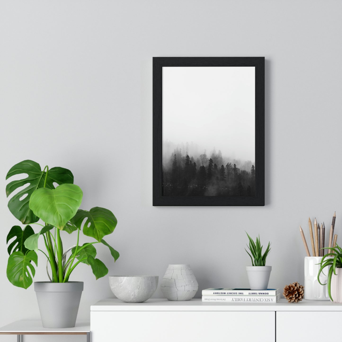 Black and White Forest, Fog, Forest, Tree Lines, Fog, Trees, Nature - Premium Framed Vertical Poster
