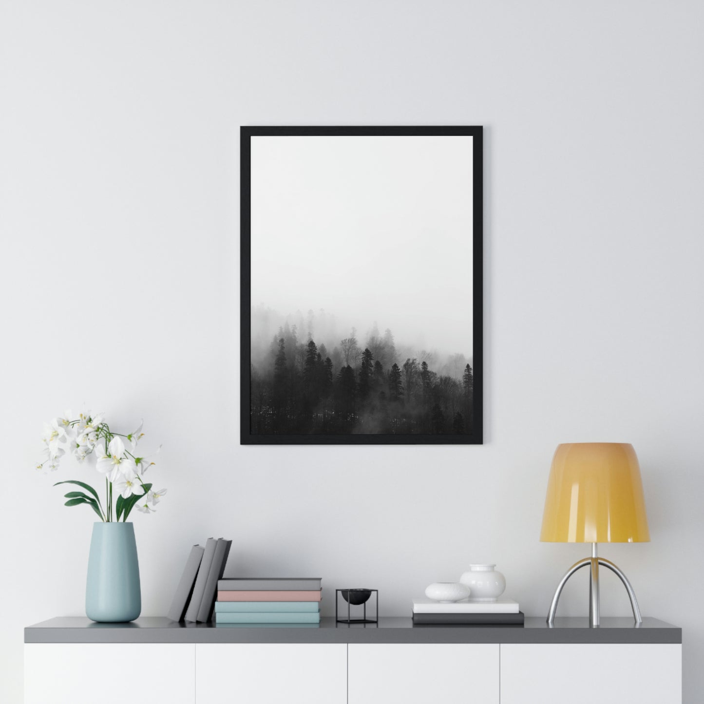Black and White Forest, Fog, Forest, Tree Lines, Fog, Trees, Nature - Premium Framed Vertical Poster