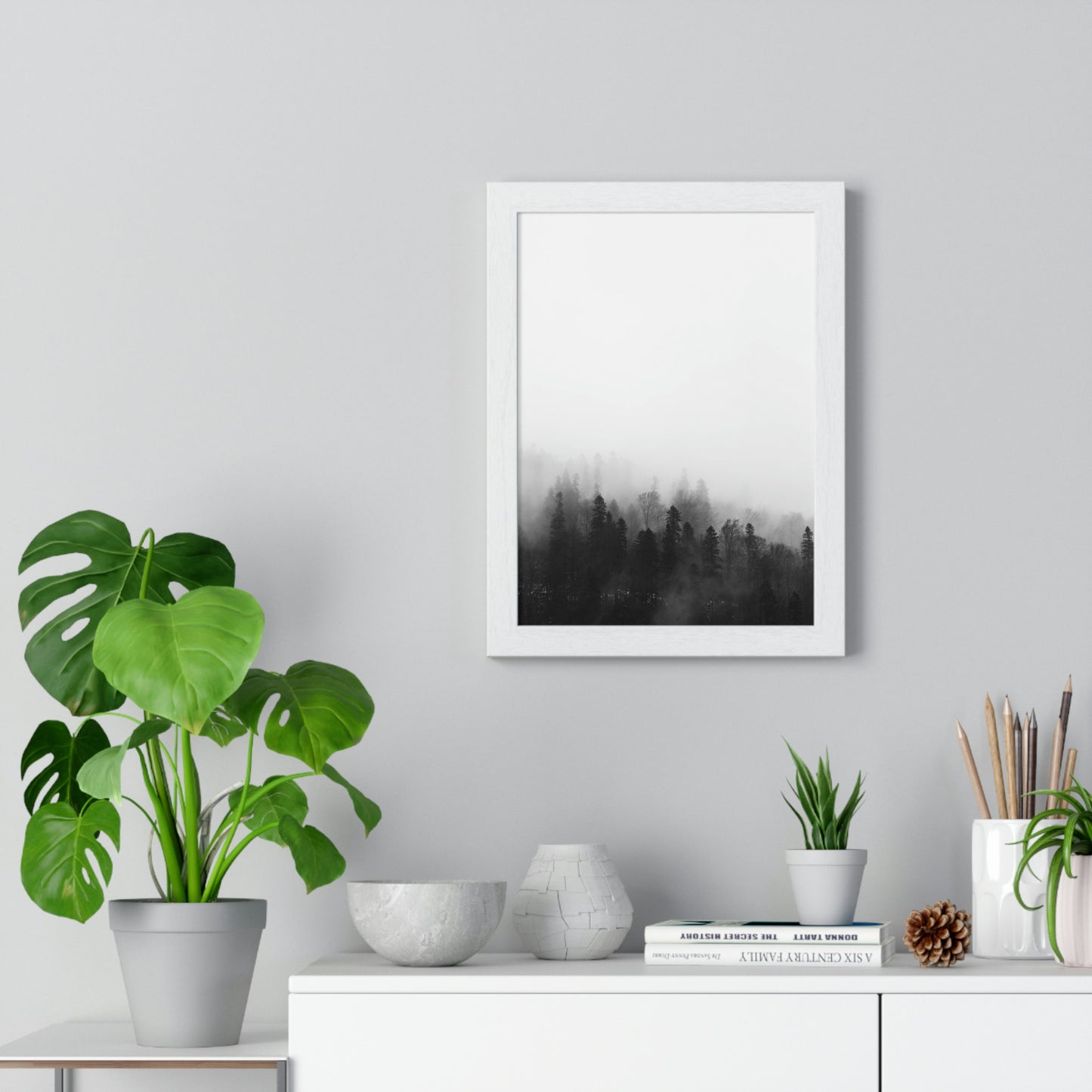 Black and White Forest, Fog, Forest, Tree Lines, Fog, Trees, Nature - Premium Framed Vertical Poster