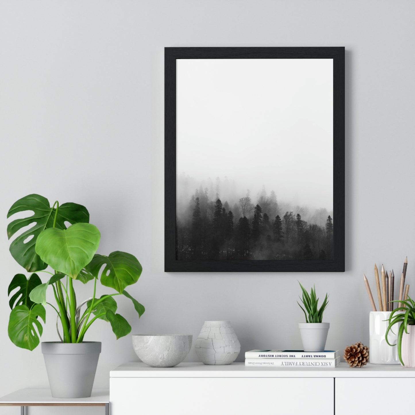 Black and White Forest, Fog, Forest, Tree Lines, Fog, Trees, Nature - Premium Framed Vertical Poster